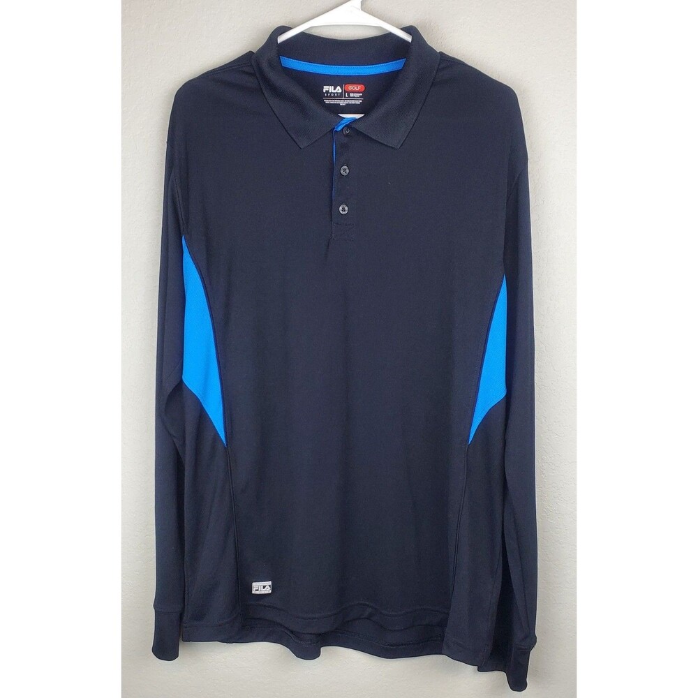 Fila Sport Golf Men's Large Long Sleeve Polo Shirt Black Blue Polyester